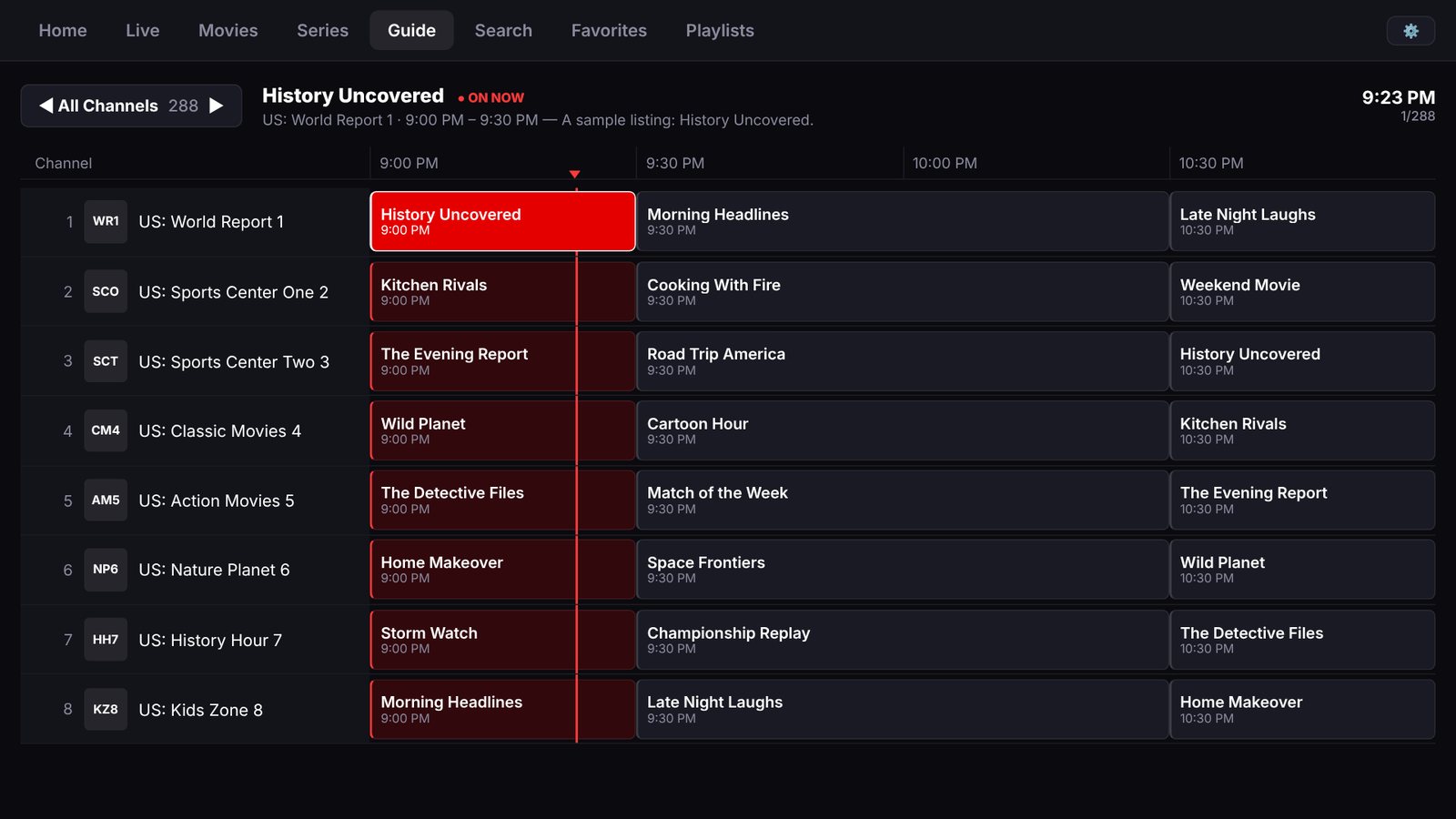 TV guide grid with channels down the side, programs across the top by time, and the current program highlighted