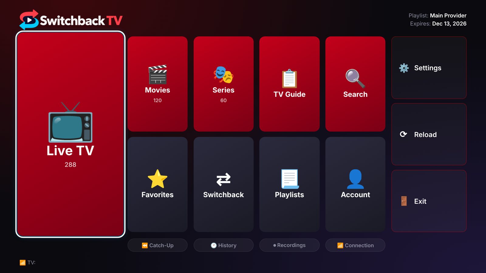Switchback TV home screen with large tiles for Live TV, Movies, Series, TV Guide, Search, Favorites, Switchback, Playlists and Account