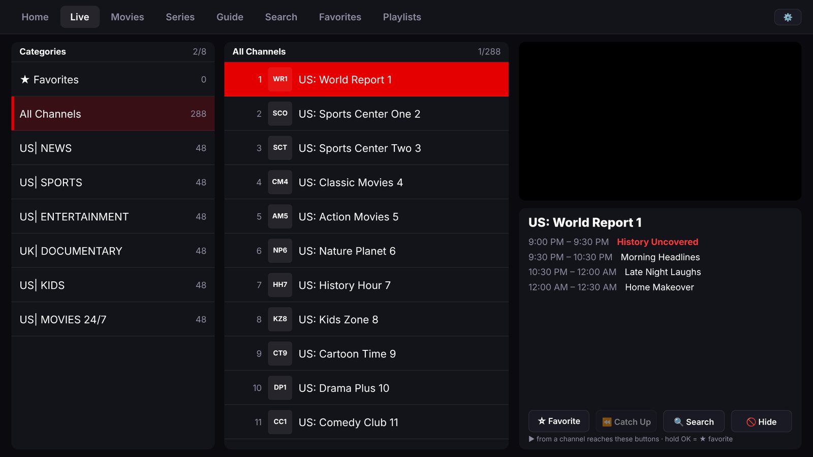 Live TV screen showing a category list, a channel list and the current and upcoming programs for the selected channel