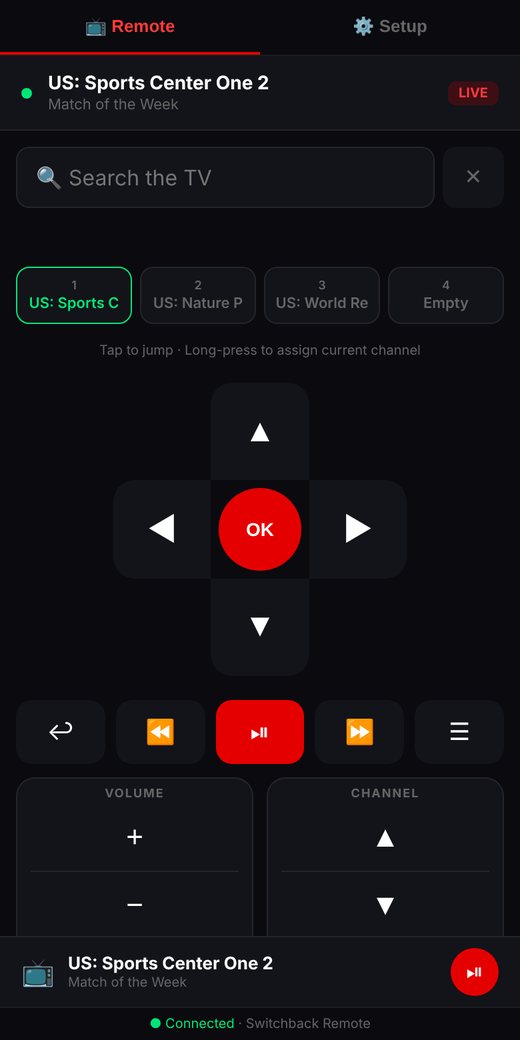 Phone remote in a browser with a search box, four Switchback slot buttons, a direction pad with OK, playback buttons, and volume and channel controls