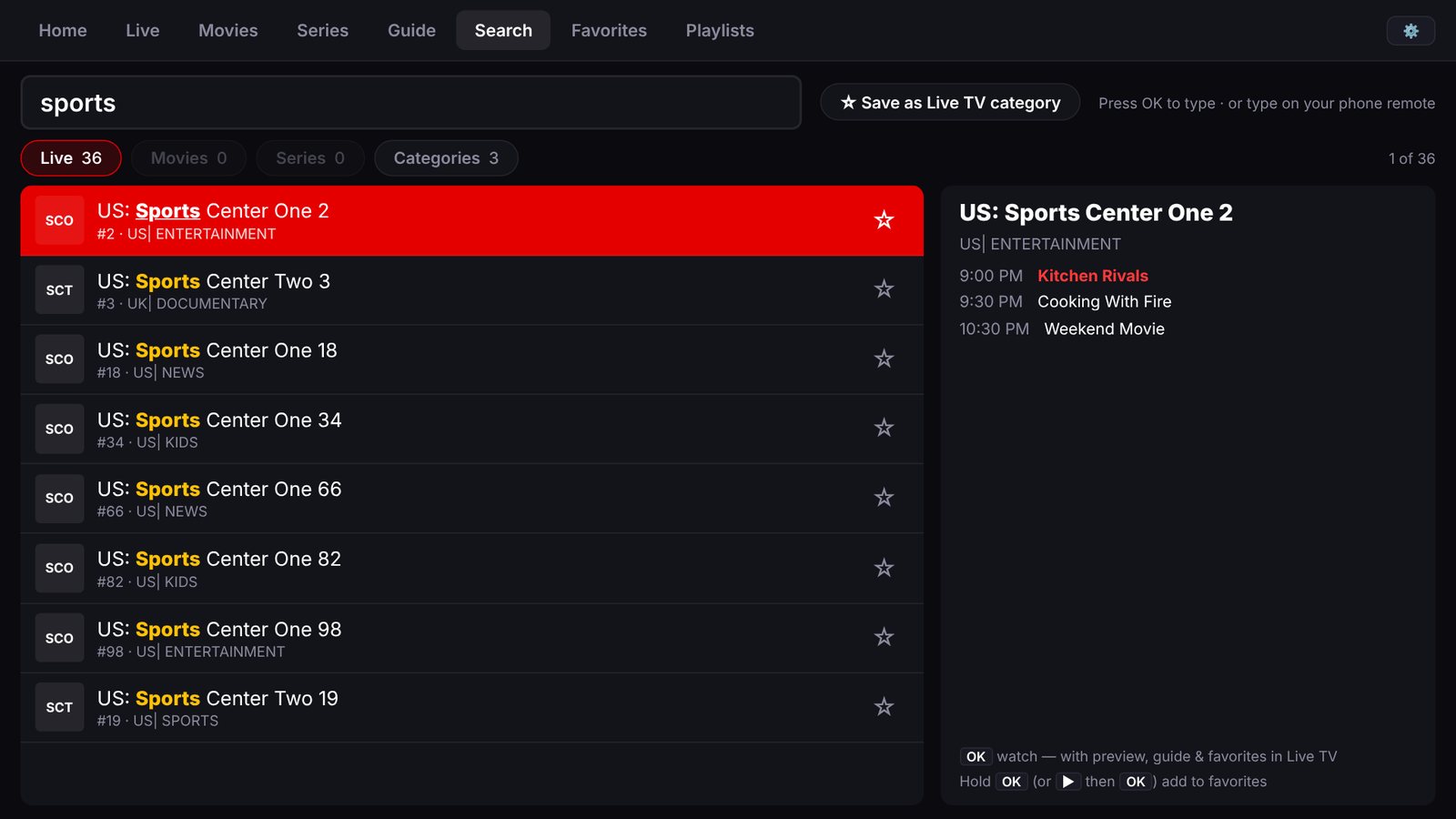 Search screen showing live channel results for the word sports, with the matching word highlighted and the program guide for the selected channel
